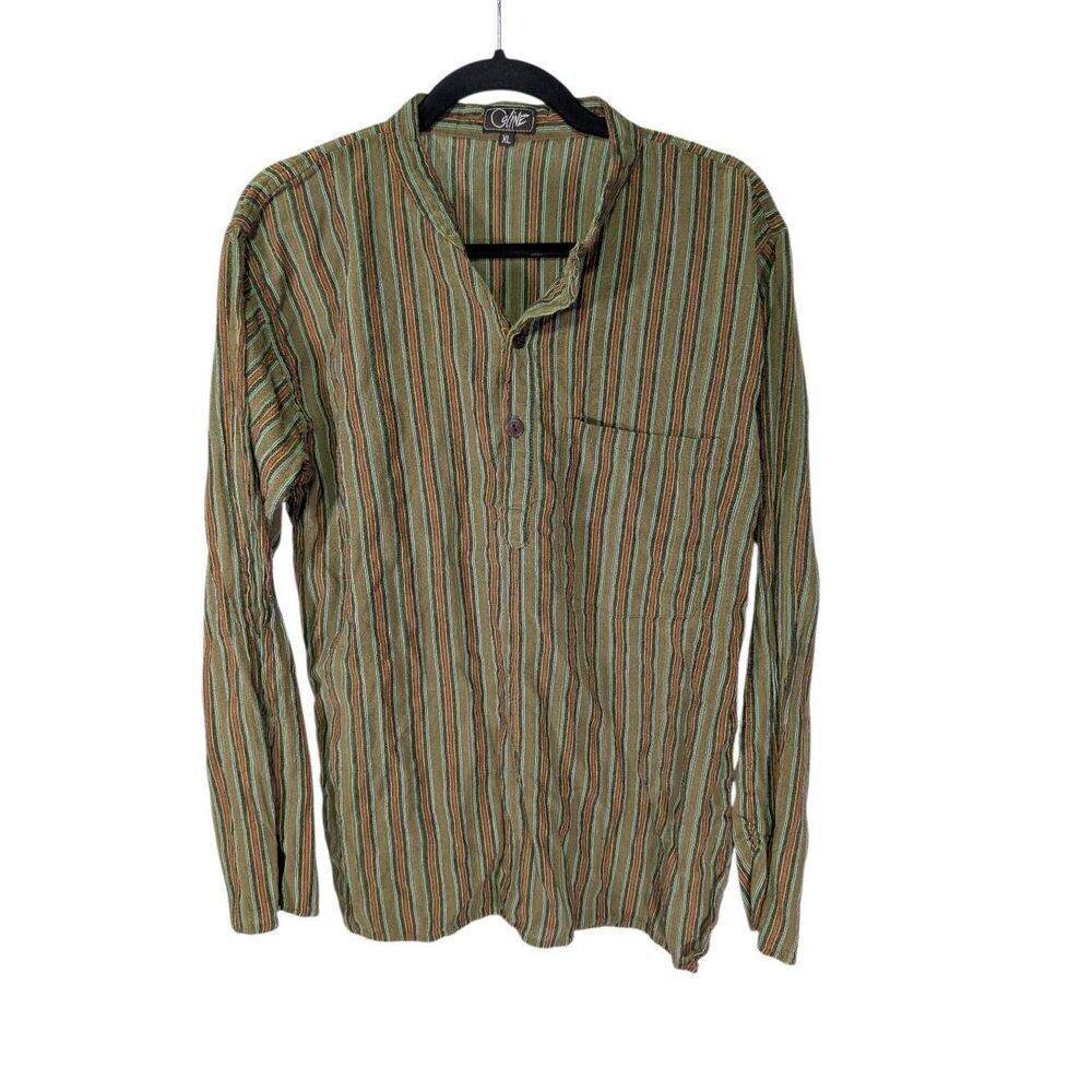 Coline green and red striped cotton grandad shirt Women's XL